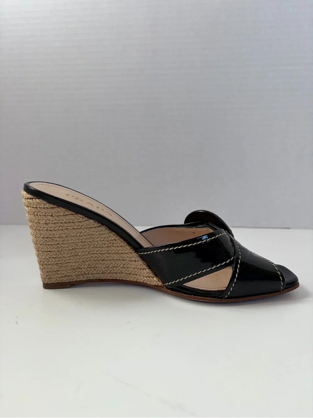 Prada Espadrille Wedge Sandals Vernice Buckle Patent Leather Black Size 38.5